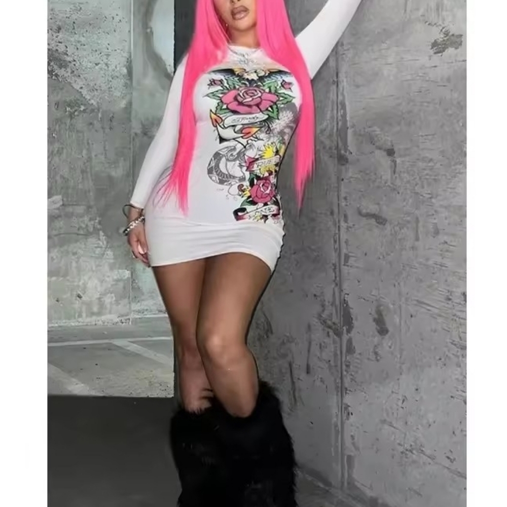 Ed Hardy White Dress with Pink and Black Floral Graphics